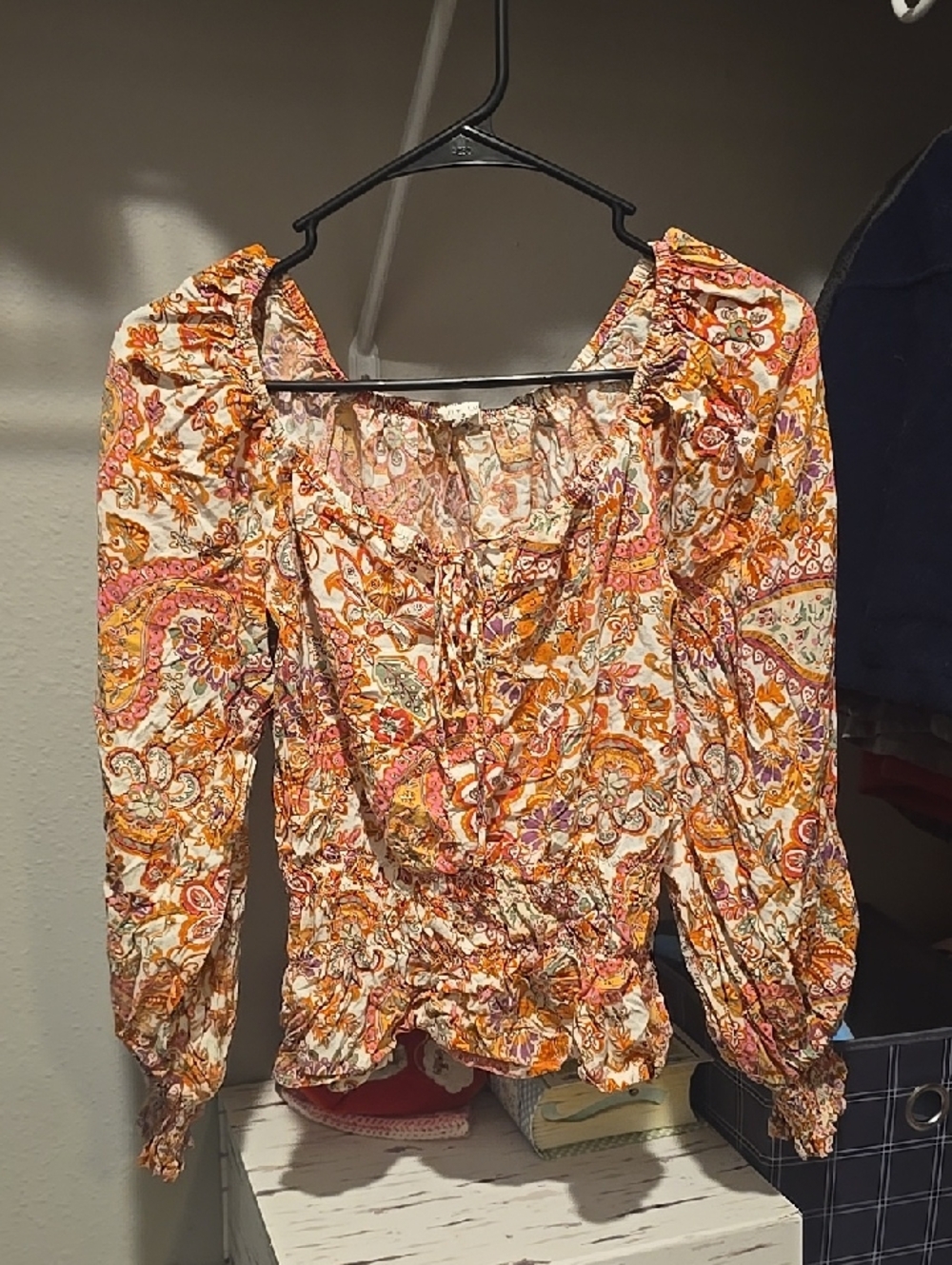 Nicole Miller Orange Multi Paisley Pintuck Peasant Blouse